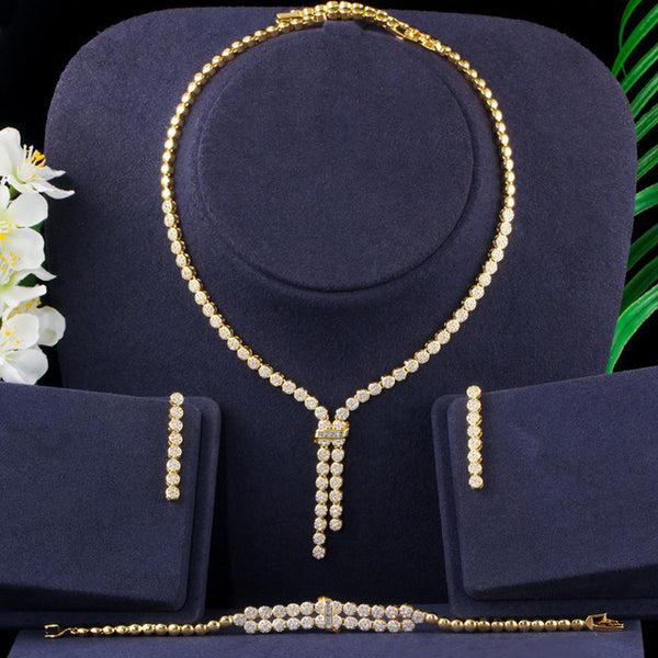 Conjunto de 3 piezas de collar, pendientes y pulsera largos y redondos de oro indio con circonita cúbica