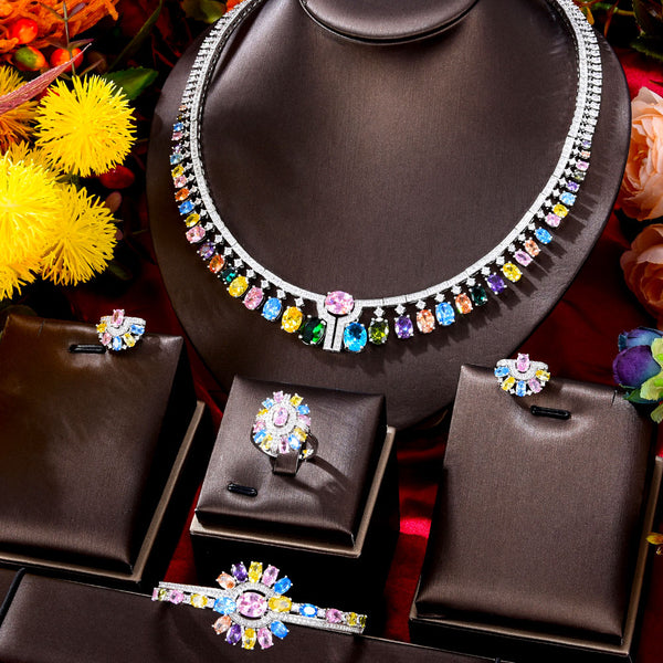 Luxury Flower Bud Mixed Cubic Zirconia Necklace Earring Saudi Arabia Jewelry Set