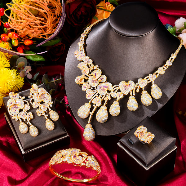 Luxury Flower Bud Mixed Women Wedding Cubic Zirconia Necklace Earring Saudi Arabia Jewelry Set