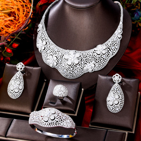 Luxury 2 Tone Flowers 4PCS Nigerian Bridal Jewelry Set For Women
