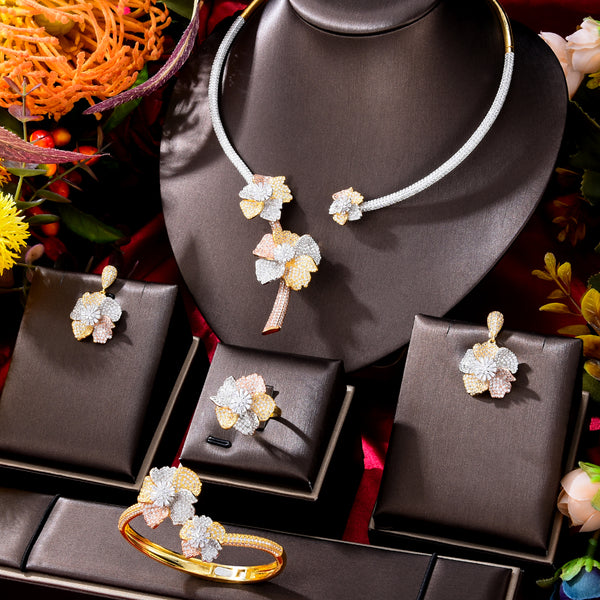 Luxury Flower Nigerian Jewelry Sets For Women Wedding Zircon African Indian Necklace Earring Set