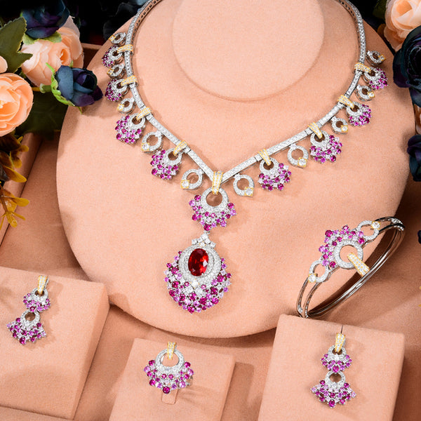 4PCS Luxury Wedding Party Multicolor Zircon Crystal Dubai Bridal Jewelry Set