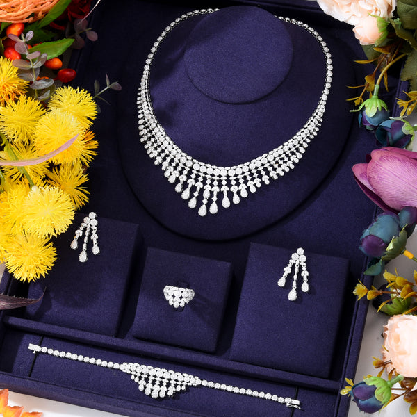 African Tassels Jewelry Set  Cubic Zirconia Bridal Wedding Evening Earring Necklace
