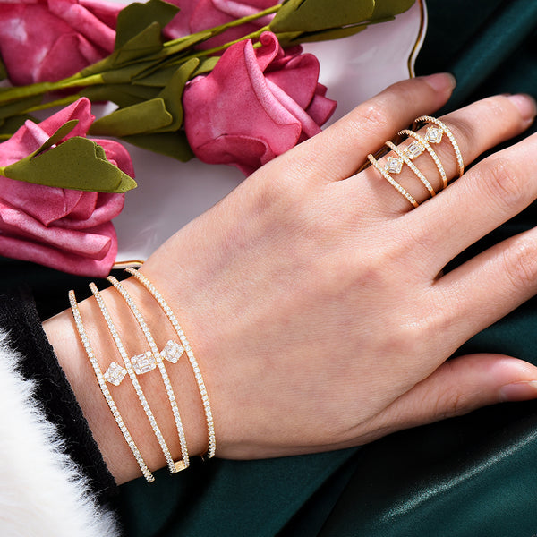 Luxury 4 Rows CUFF Bangle Ring Set Jewelry Set For Women