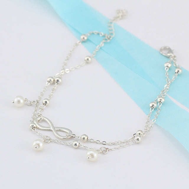 Imitation Pearls Ankle Bracelet Silver Plated  Boho Anklet