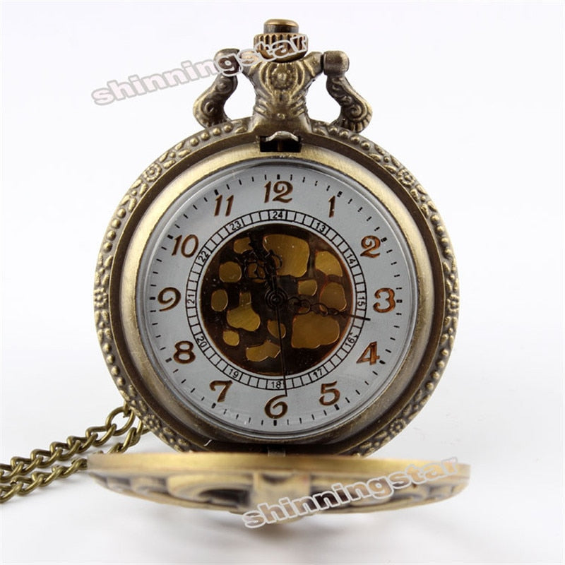 Retro Steampunk Bronze Spine Ribs Hollow Quartz Pocket Watch