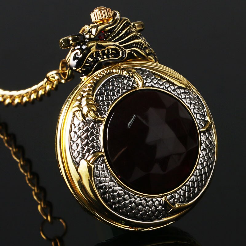Vintage Gold Red Crystal Retro Red Garnet Inset  Luxury Necklace Pocket Watch