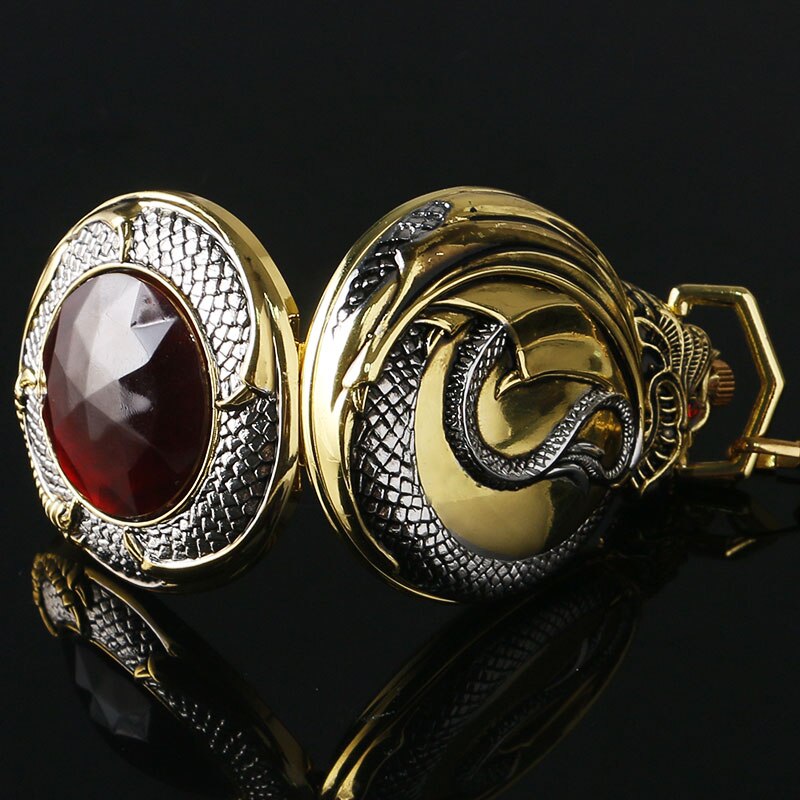 Vintage Gold Red Crystal Retro Red Garnet Inset  Luxury Necklace Pocket Watch