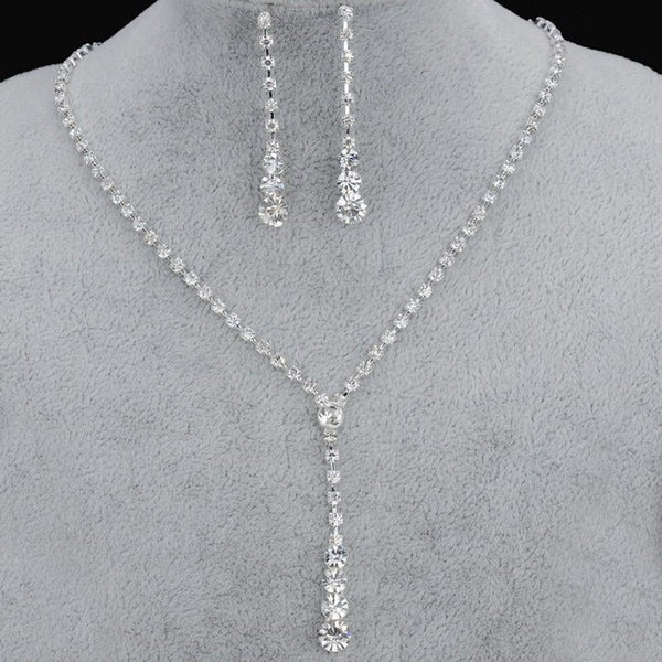 Silver Plated Celebrity Style Drop Crystal Necklace Earrings Set