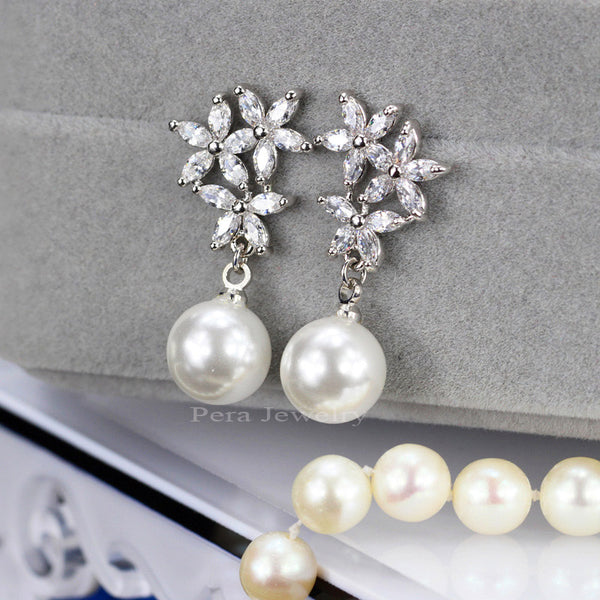 Big Flower Freshwater Imitation Pearl Drop Women Earrings