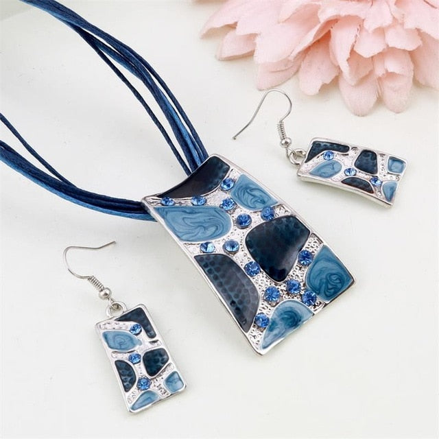 Blue Geometry Shape Pendant Necklace Earring Sets