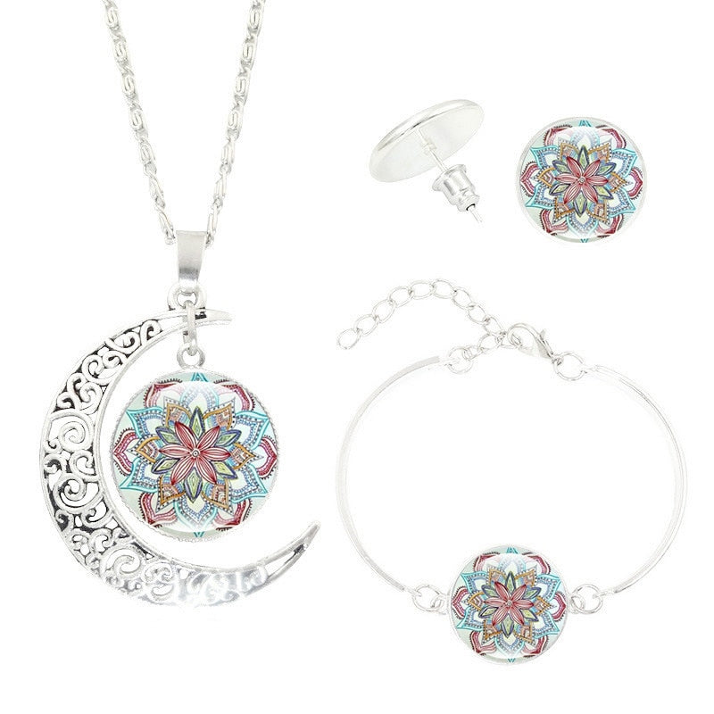 Mandala Flower Moon Glass Time Gem Necklace Set