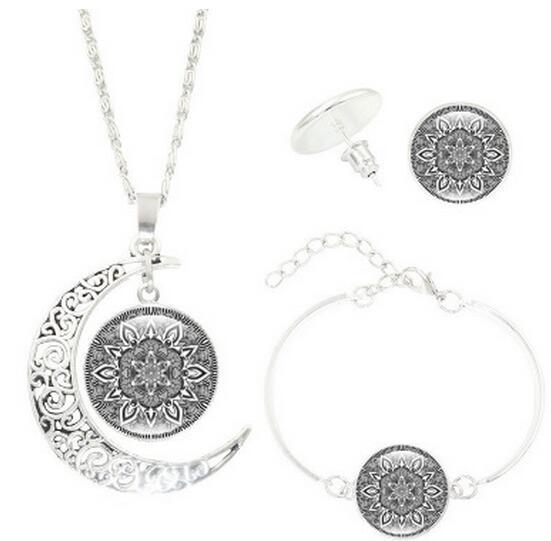 Mandala Flower Moon Glass Time Gem Necklace Set