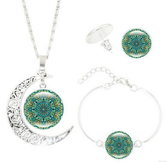 Mandala Flower Moon Glass Time Gem Necklace Set