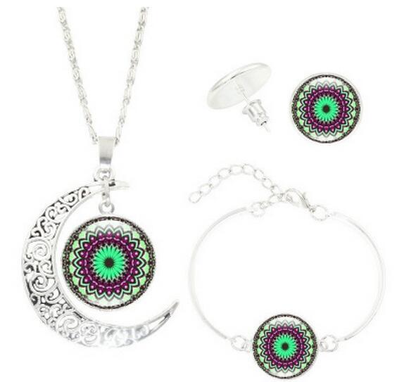 Mandala Flower Moon Glass Time Gem Necklace Set