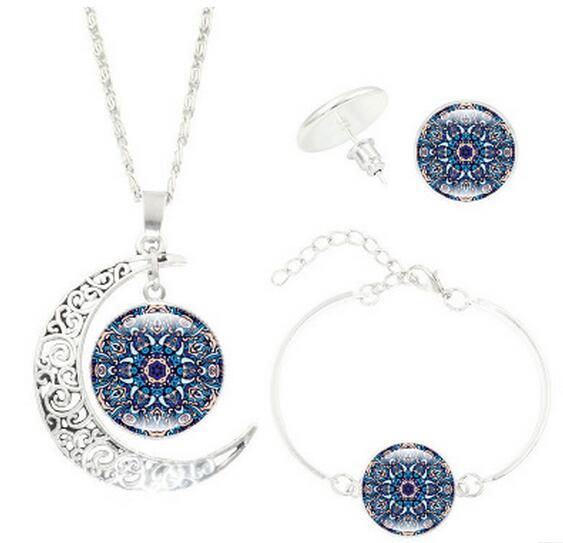 Mandala Flower Moon Glass Time Gem Necklace Set