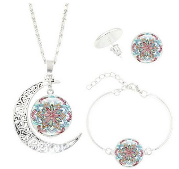 Mandala Flower Moon Glass Time Gem Necklace Set