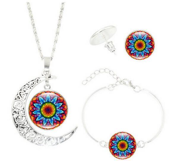 Mandala Flower Moon Glass Time Gem Necklace Set