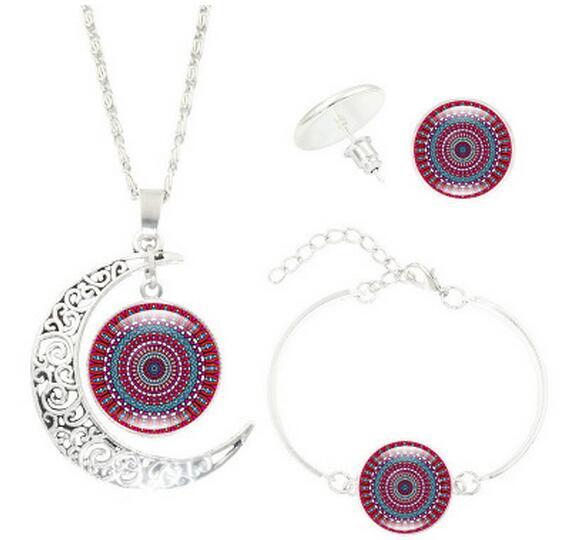 Mandala Flower Moon Glass Time Gem Necklace Set