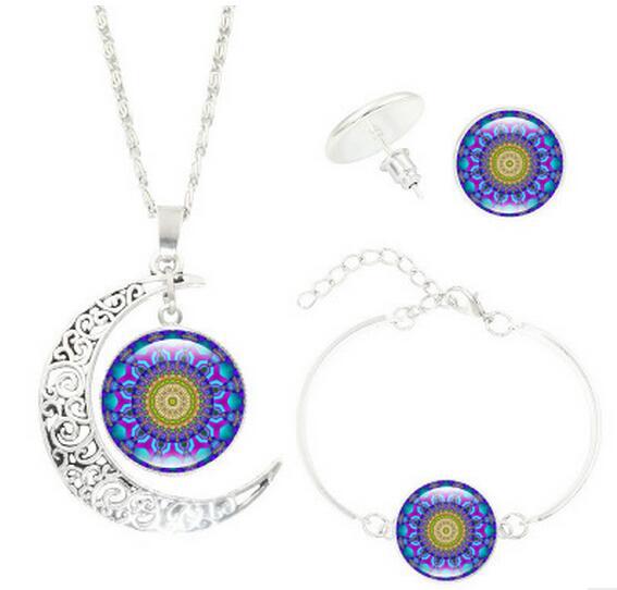 Mandala Flower Moon Glass Time Gem Necklace Set