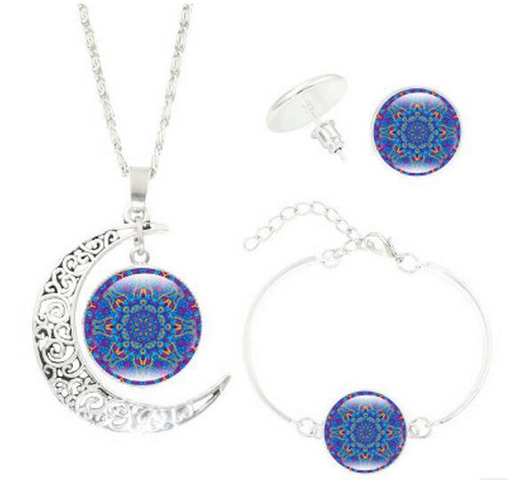 Mandala Flower Moon Glass Time Gem Necklace Set
