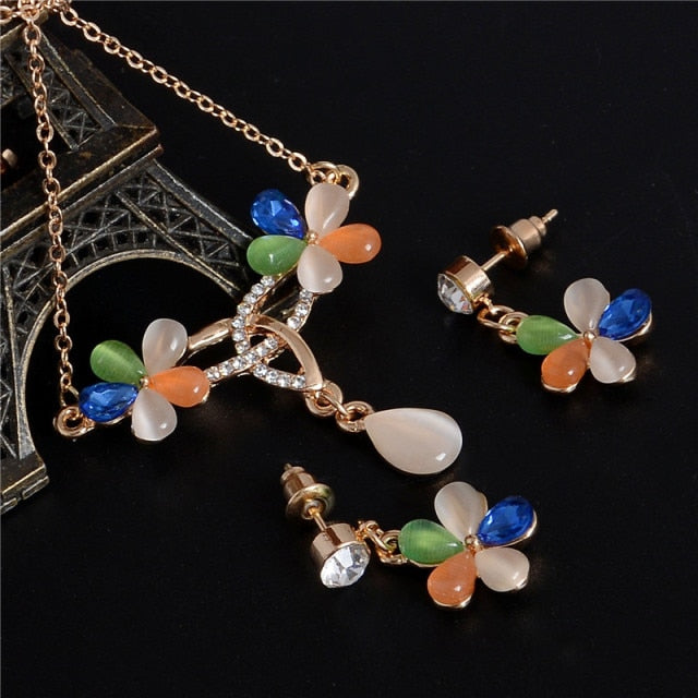 Luxury Austrian Crystal Opal Flower Pendant Jewelry Sets