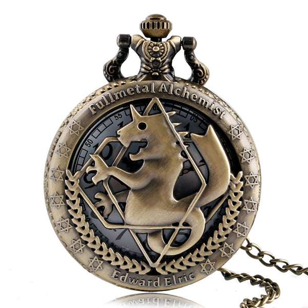 Reloj de bolsillo de cuarzo de cobre con diseño de alquimista de metal completo de moda