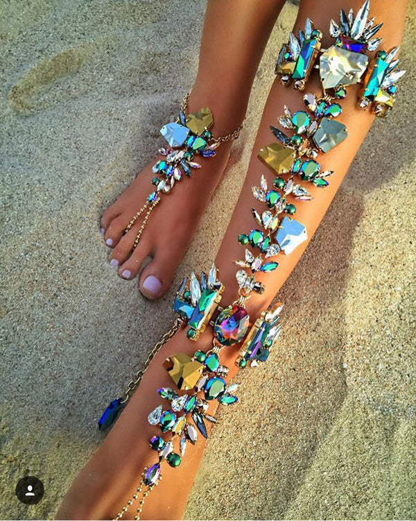 Tobillera de cristal estilo bohemio con cadena para pierna sexy para mujer