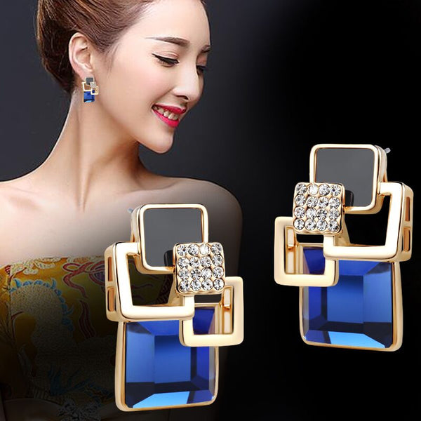 Pendientes vintage largos de cristal cuadrado con grandes botones geométricos