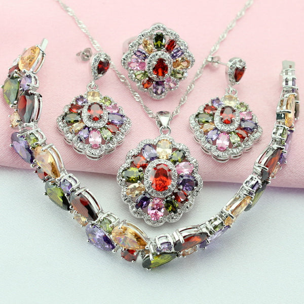 Conjuntos de joyas de moda con piedras multicolores en color plata para mujer