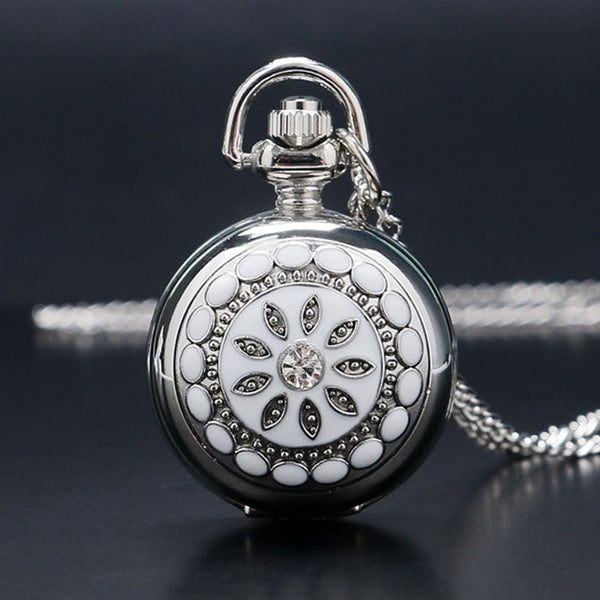 Fashion Silver White Ceramics Flower Crystal Small Size Quartz Pocket Watch