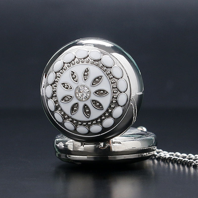 Fashion Silver White Ceramics Flower Crystal Small Size Quartz Pocket Watch
