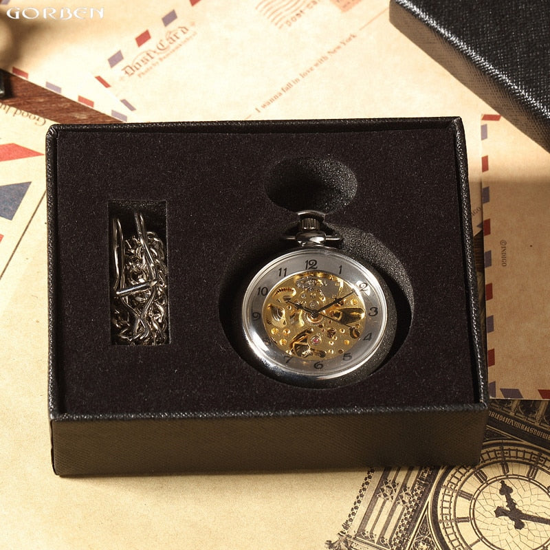 Luxury Silver Skeleton Mechacnical Hand-winding Mens Pocket Watch