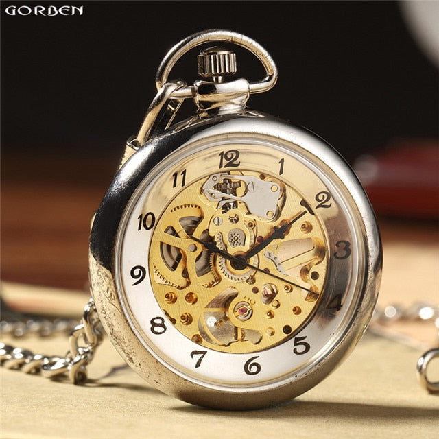 Luxury Silver Skeleton Mechacnical Hand-winding Mens Pocket Watch