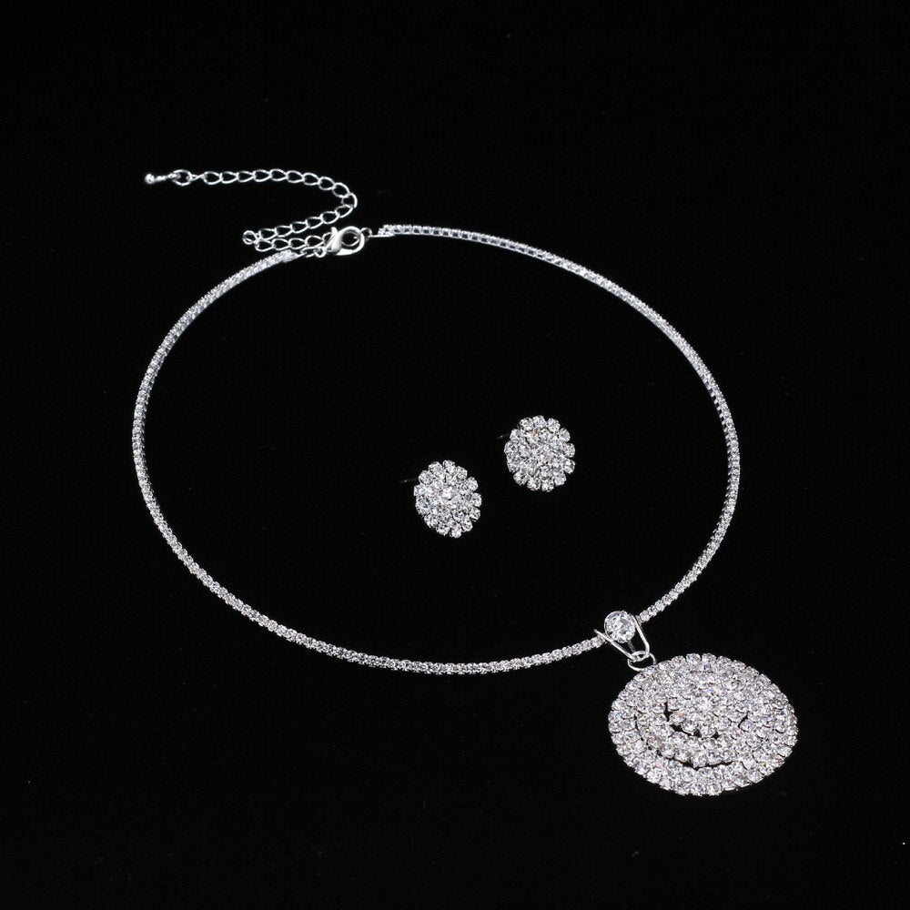 Crystal Jewelry Set Rhinestone Circle Pendant Choker Necklace Earrings Set