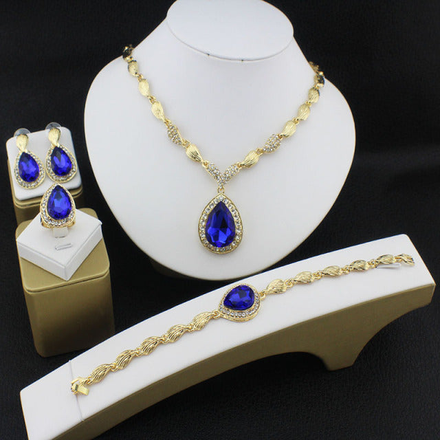 African Gold-color jewel pendant Necklace women earrings bracelet ring Jewelry Set