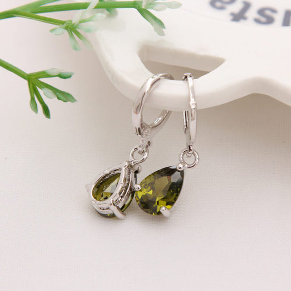 Gold Color Earrings Green Water Drop CZ Stone Pierced Dangle Earrings