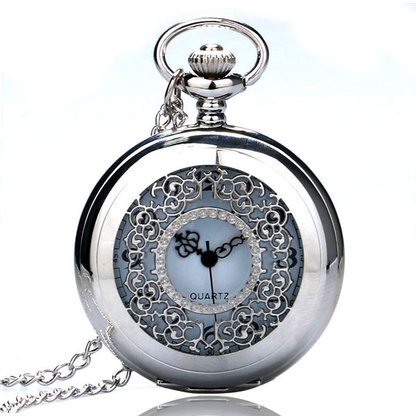 Reloj de bolsillo con cadena de cuarzo plateado y colgante vintage