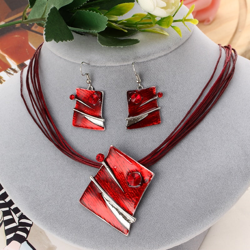 Leather Multi Ropes Geometry Pendant Necklaces Earrings Sets