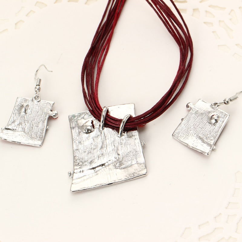 Leather Multi Ropes Geometry Pendant Necklaces Earrings Sets
