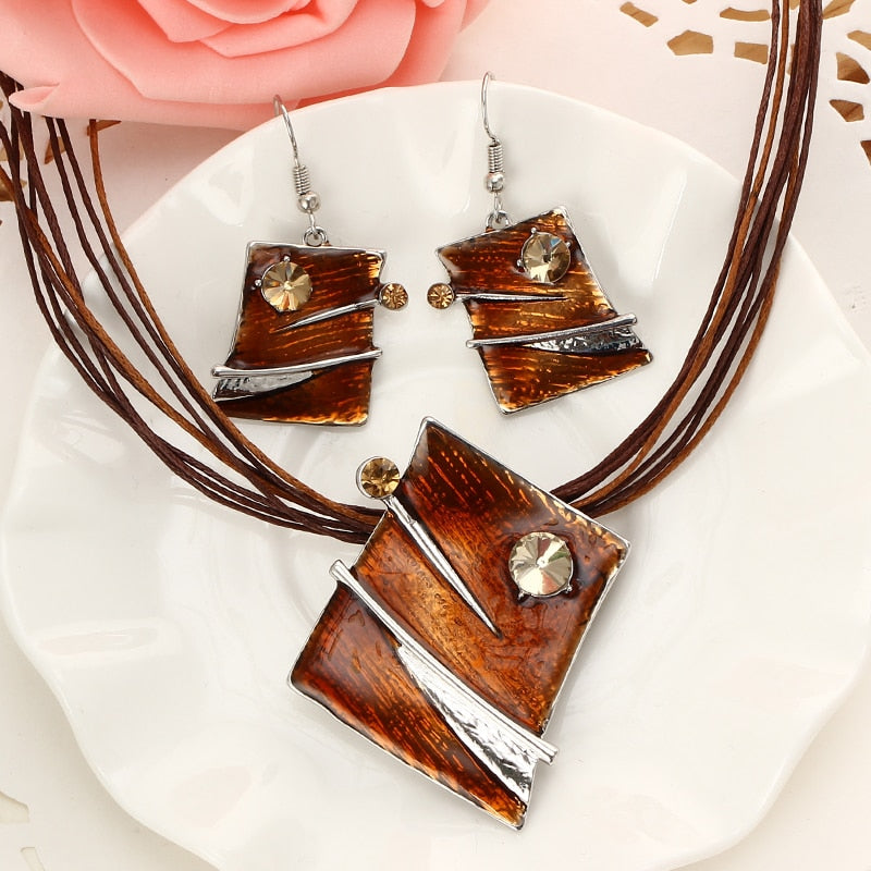 Leather Multi Ropes Geometry Pendant Necklaces Earrings Sets