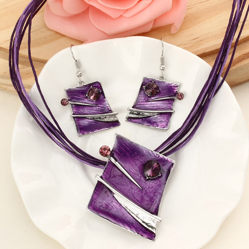 Leather Multi Ropes Geometry Pendant Necklaces Earrings Sets
