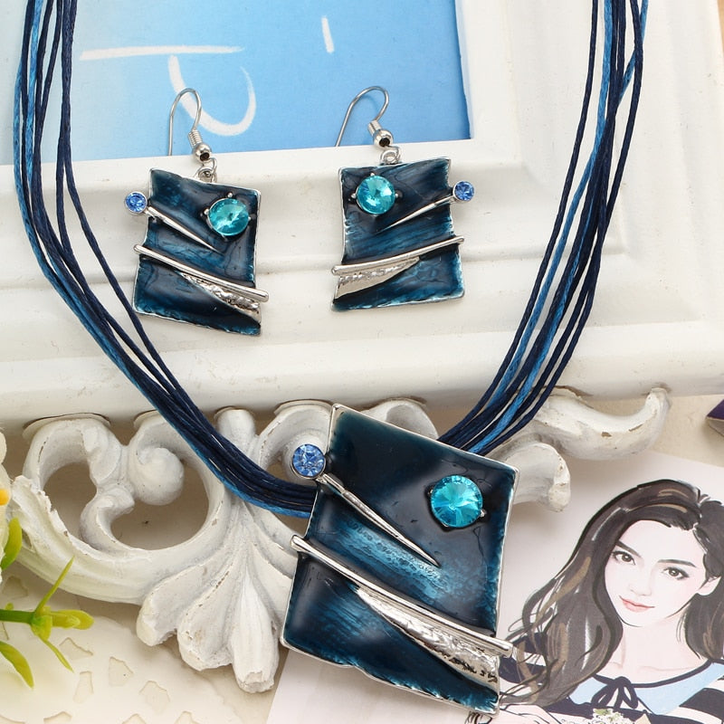 Leather Multi Ropes Geometry Pendant Necklaces Earrings Sets