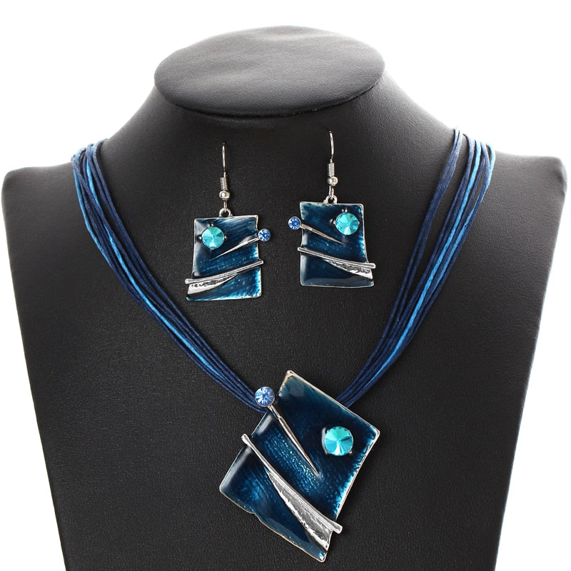 Leather Multi Ropes Geometry Pendant Necklaces Earrings Sets