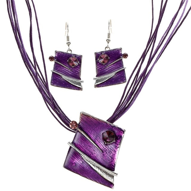 Leather Multi Ropes Geometry Pendant Necklaces Earrings Sets