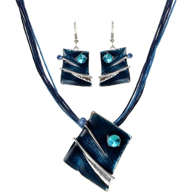 Leather Multi Ropes Geometry Pendant Necklaces Earrings Sets