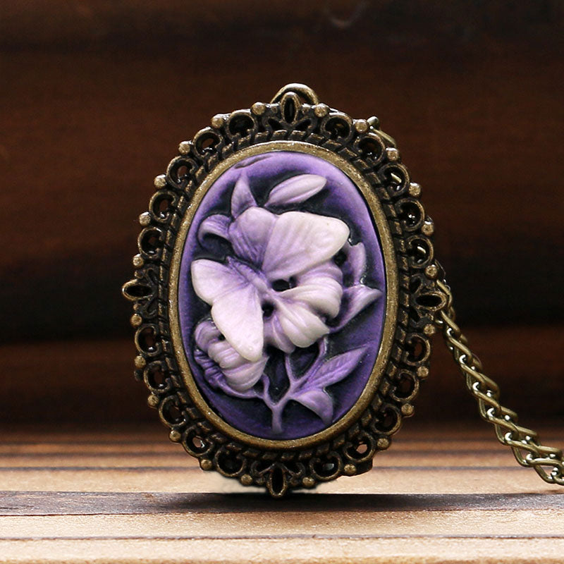 Retro Women's Purple Flower Butterfly Pattern Little Small Pocket Watch