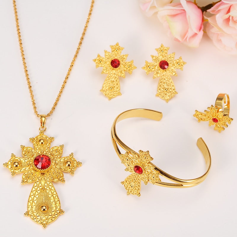 Ethiopian Rhinestone Cross Gold Color Jewelry Set
