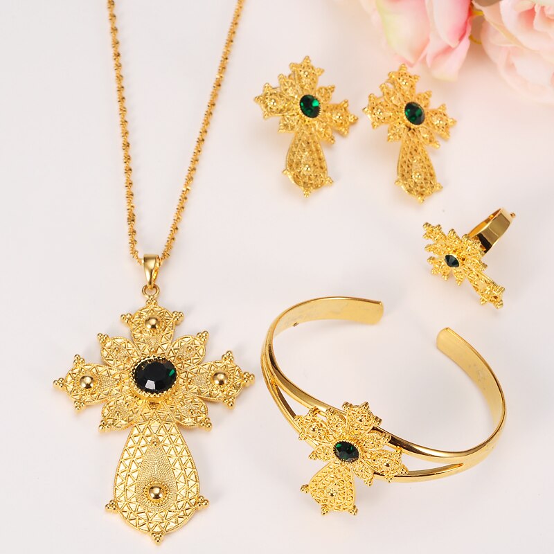 Ethiopian Rhinestone Cross Gold Color Jewelry Set