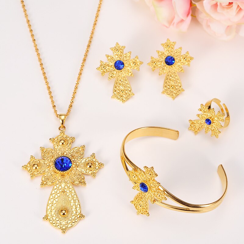 Ethiopian Rhinestone Cross Gold Color Jewelry Set